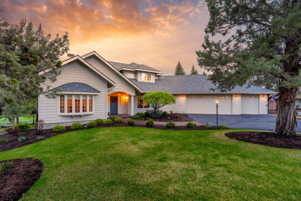 Twilight front exterior of a Bend, Oregon home — Central Oregon real estate photography by Wasim